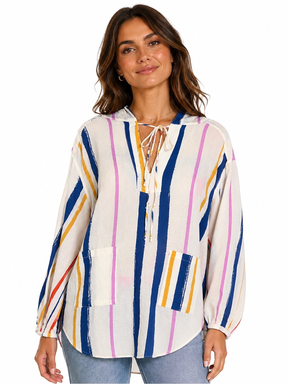 KERRI ROSENTHAL | Striped Tie-Neck Popover Tunic